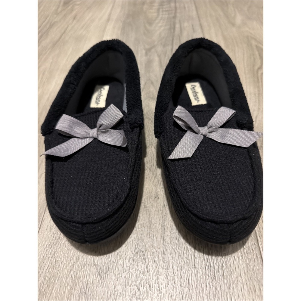 Dearfoams Women's Slippers Size S 5-6 Black Knit Moccasin Gray Bow Slip On